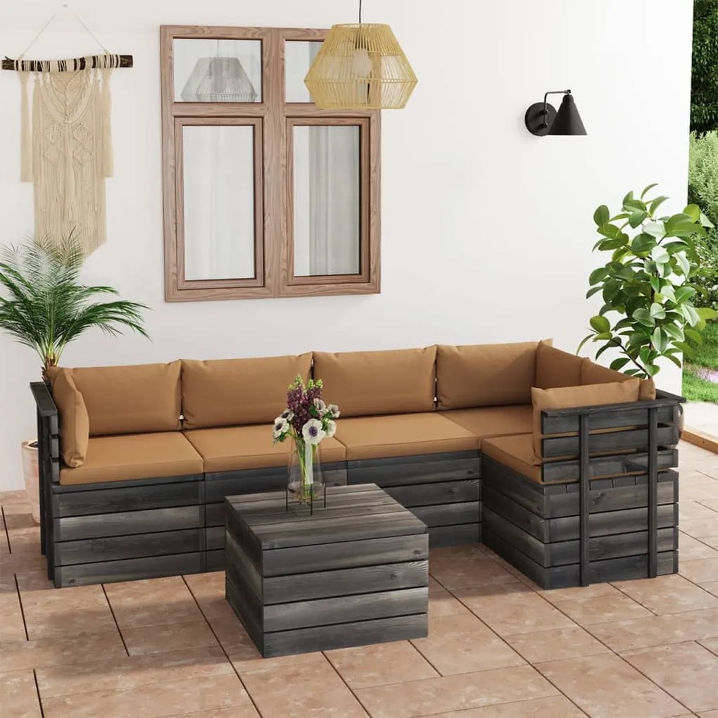 Set Divani da Giardino su Pallet 6 pz con Cuscini Massello Pino