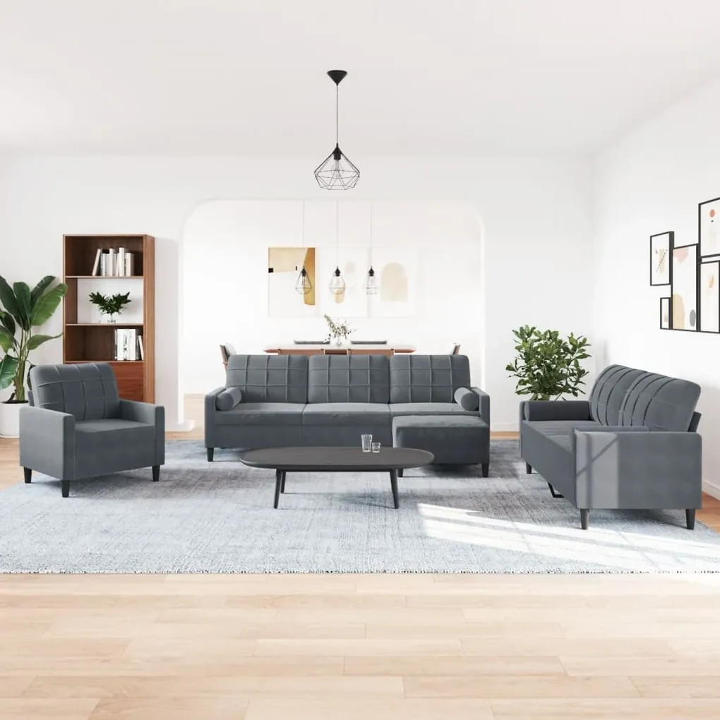 Set di divani 4 pz con cuscini e rinforzi grigio scuro velluto