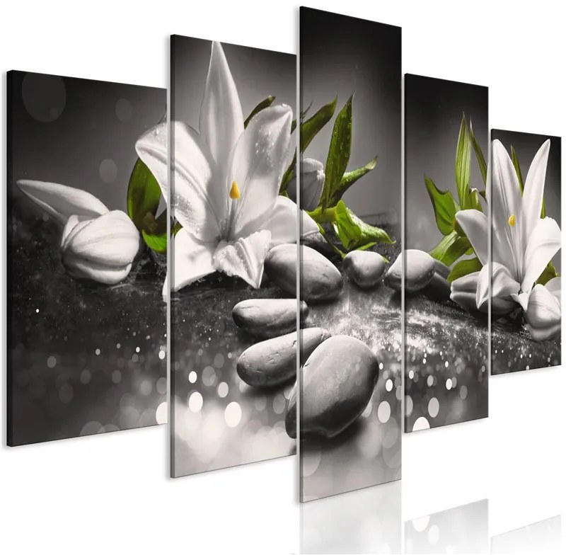 Quadro  Lilies and Stones (5 Parts) Wide Grey  Colore Bianco, Dimensioni e Misure 100x50