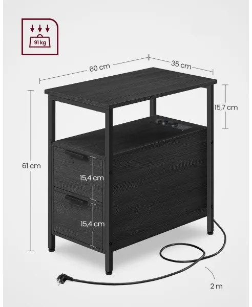Comodino ROD nero con prese elettriche e porte USB integrate