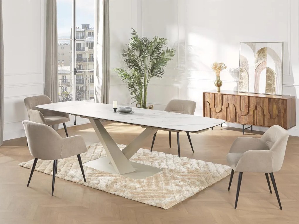 Tavolo da pranzo allungabile da 6 a 10 coperti in Ceramica e Metallo Effetto marmo Bianco e Beige - MALENA di Pascal MORABITO
