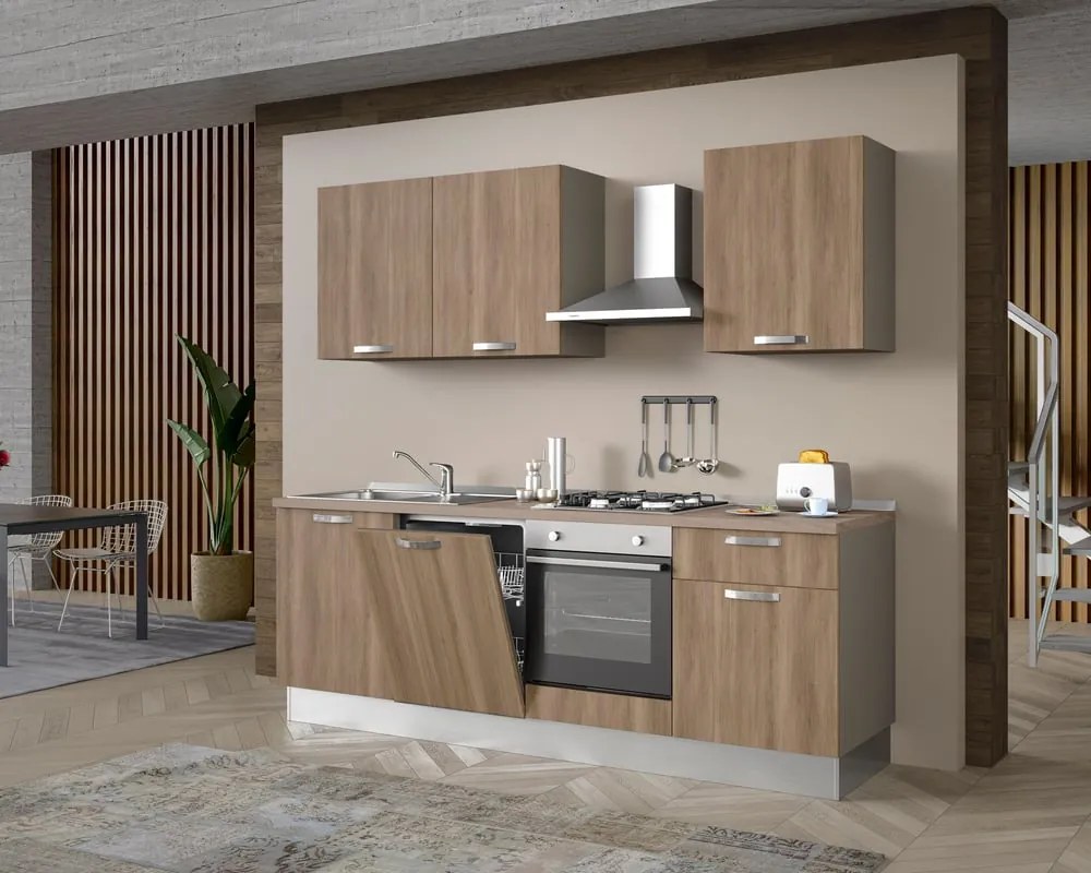 Cucina montata Dora rovere chiaro, lavello a sinistra, L 240 cm, completa di: cappa a camino, piano cottura a gas, forno, lavastoviglie