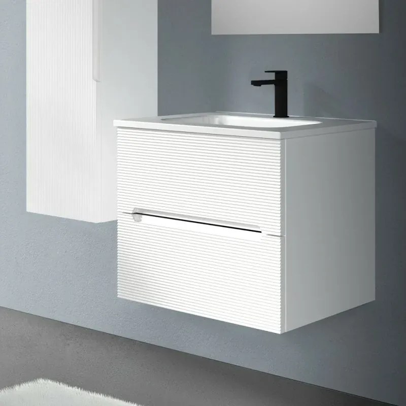 Mobile bagno sospeso 60 bianco cannettato 2 cassetti lavabo e specchio Rigo