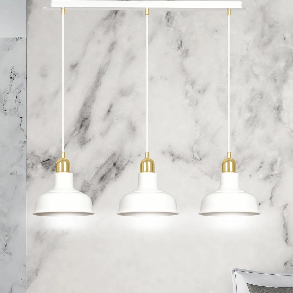 Lampadario Industrial 3 Luci Kubera In Acciaio Bianco Con Elementi In Oro