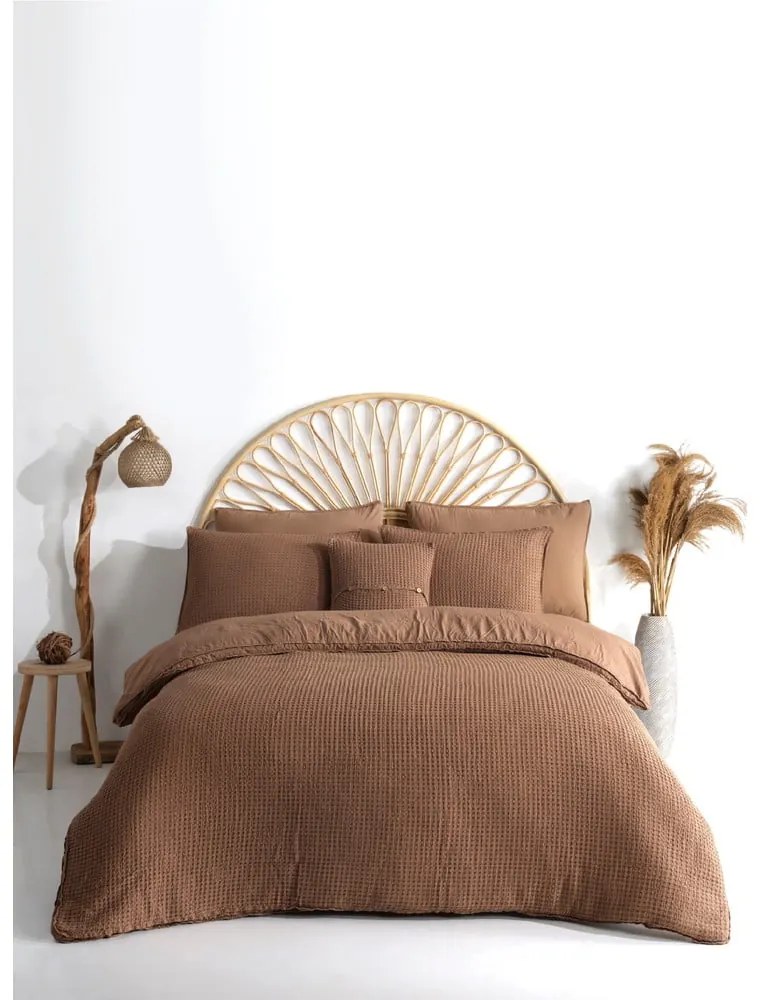 Set copripiumino e federa marrone in cotone renforcé per letto matrimoniale ed esteso 240x220 cm Waffle Striped – Mila Home Luxury