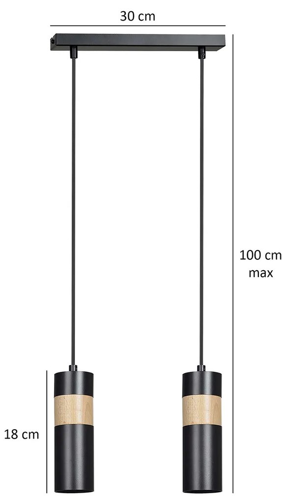 Lampadario 2 Luci Change In Acciaio Nero A Cilindro Con Legno Naturale