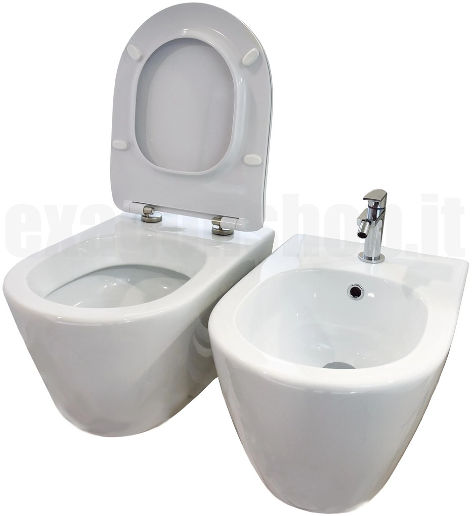 Coppia sanitari sospesi bidet e vaso con sedile slim chiusura rallenata bianco lucido foglia medium