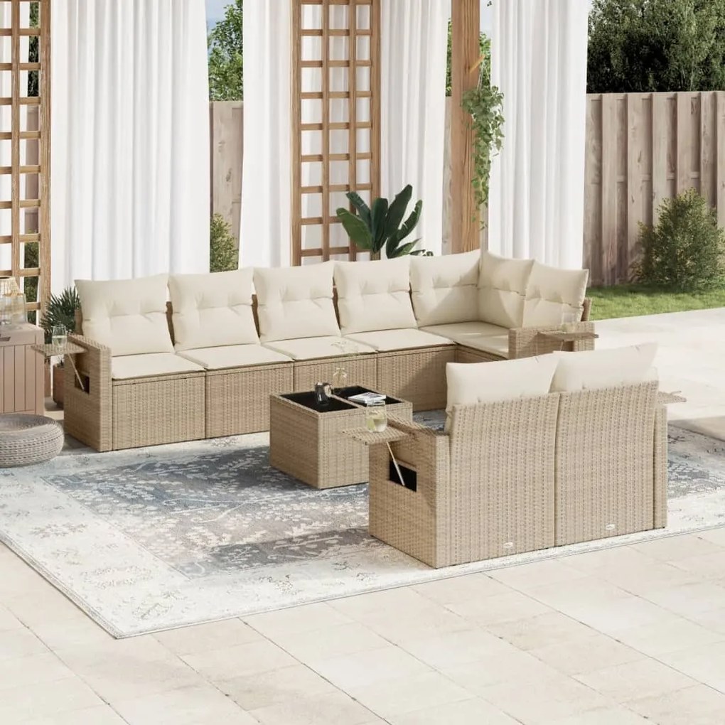 Set divano da giardino 9 pz con cuscini beige in polyrattan