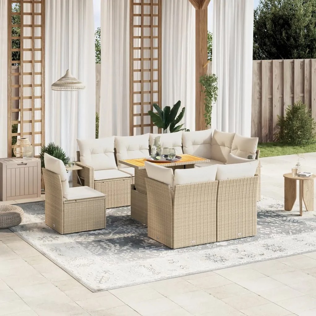 Set divano da giardino 9 pz con cuscini beige in polyrattan