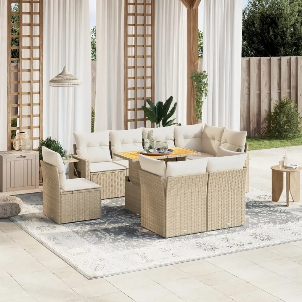 Set divano da giardino 9 pz con cuscini beige in polyrattan