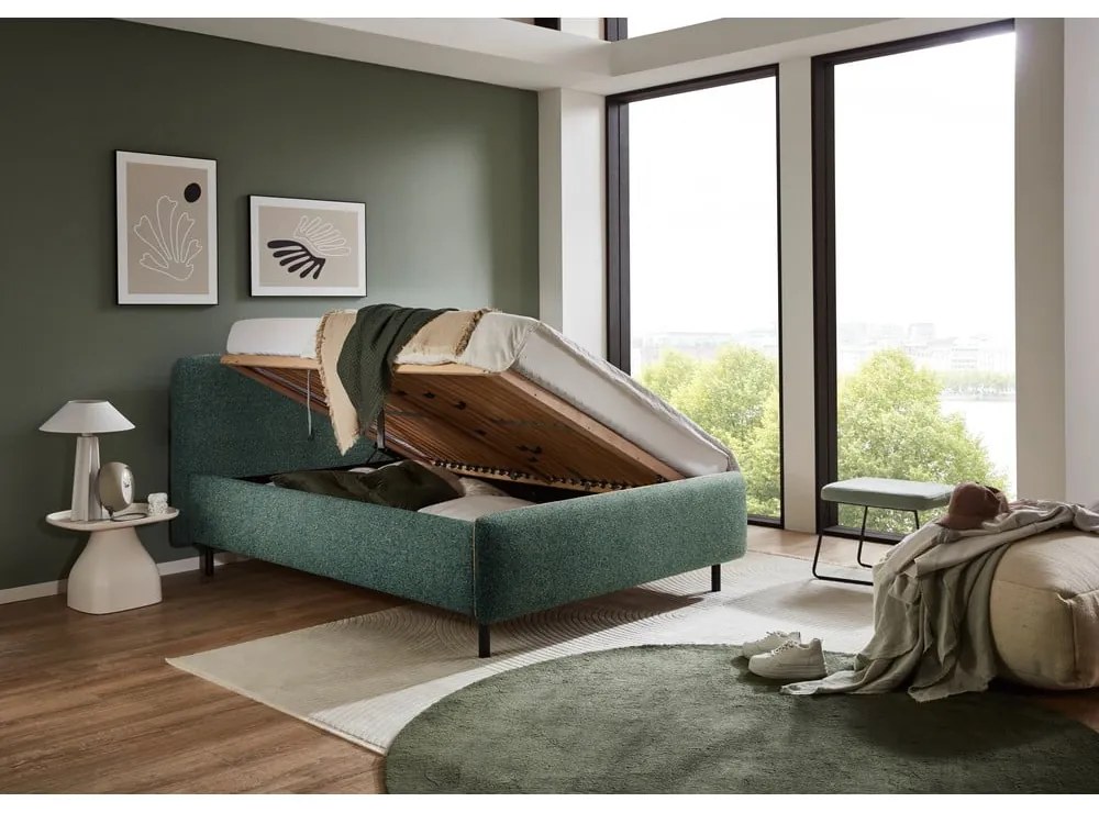 Letto matrimoniale imbottito verde scuro con contenitore con rete inclusa 160x200 cm Primo – Meise Möbel