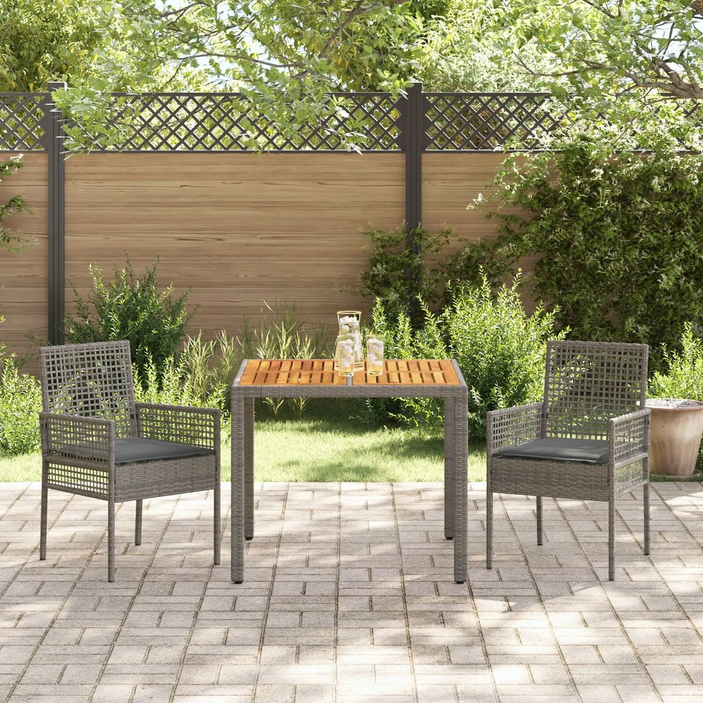 Set da pranzo giardino di 3 pezzi con cuscini grigi in polyrattan