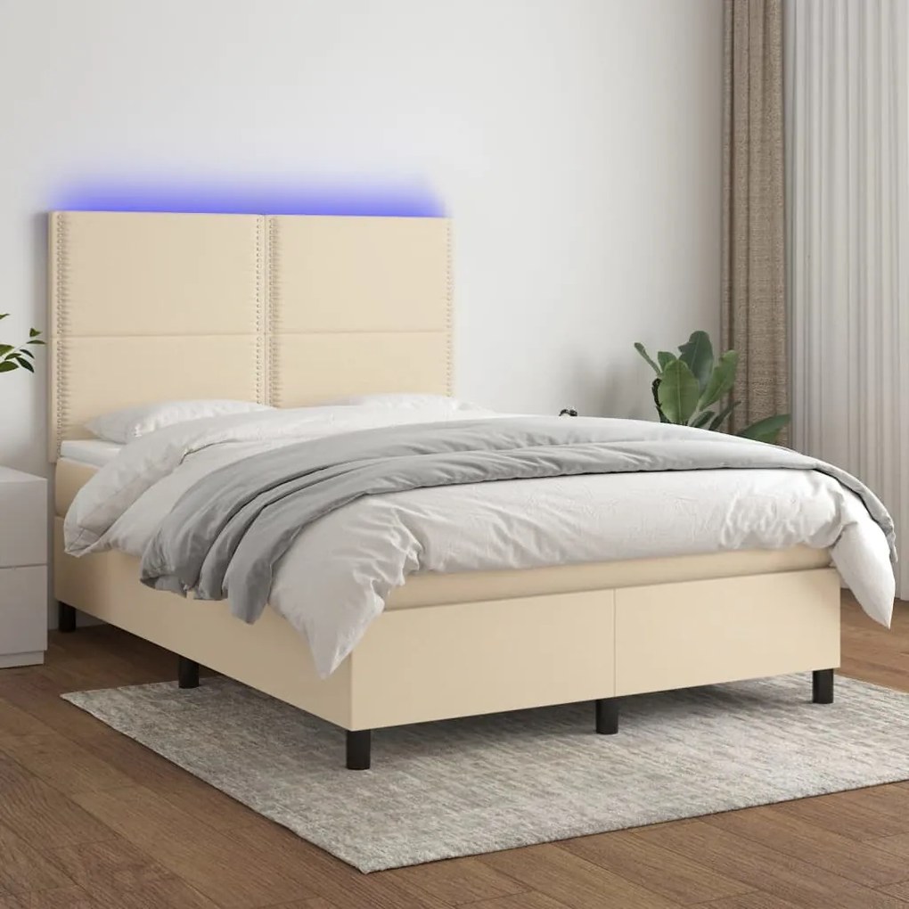 Letto a molle con materasso e led crema 140x200 cm in tessuto