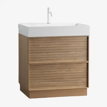 Set Mobili Da Bagno In Legno Jolene Con Lavabo Integrato Legno Naturale & Senza Specchio & Bianco ↑20 Cm Con Valvola Di Scarico Senza Troppopieno -