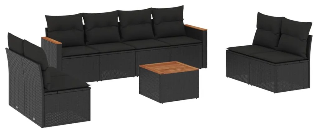 Set divani da giardino 9 pz con cuscini nero in polyrattan