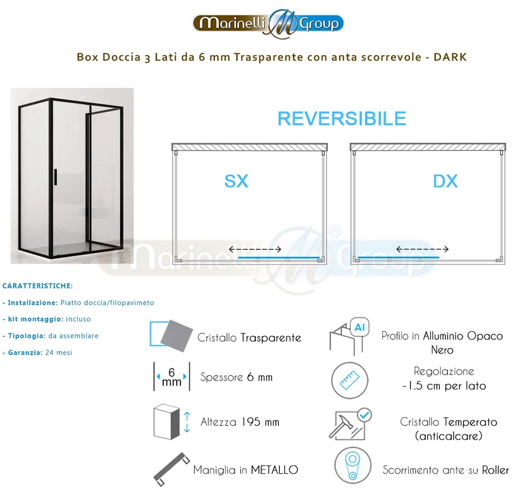 Box doccia 3 lati 80x100x80 cm scorrevole profilo nero Dark