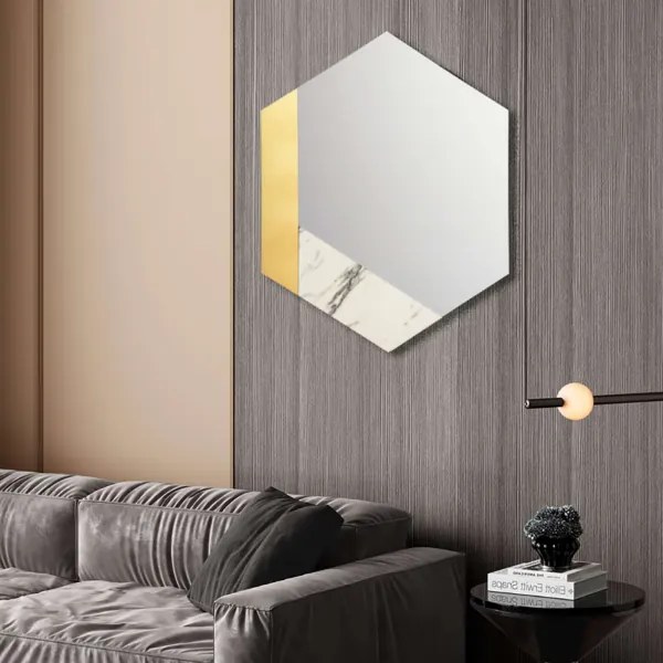 Specchio 70x80 cm decori foglia oro e marmo laminato bianco - CHARLIE