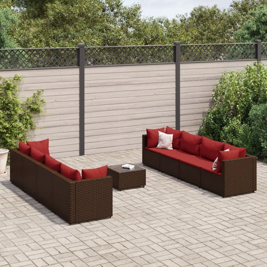 Set divani da giardino 9 pz con cuscini in polyrattan marrone