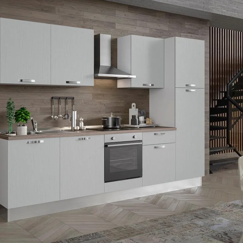 Cucina montata Dora bianco spatolato, lavello a sinistra, L 300 cm, completa di: cappa a camino, piano cottura a induzione, forno e frigorifero