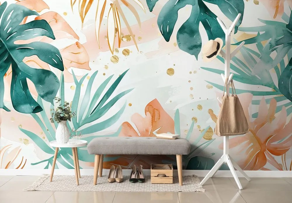 Carta da parati – Foglie tropicali verde-arancio
