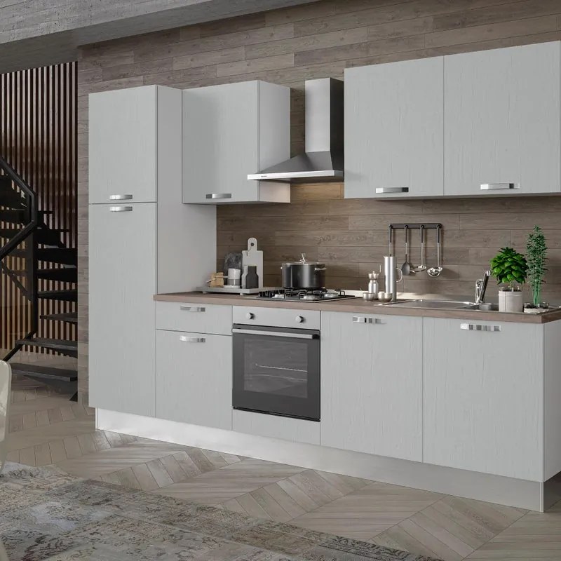 Cucina montata Dora bianco spatolato, lavello a sinistra, L 300 cm, completa di: cappa a camino, piano cottura a gas, forno e frigorifero