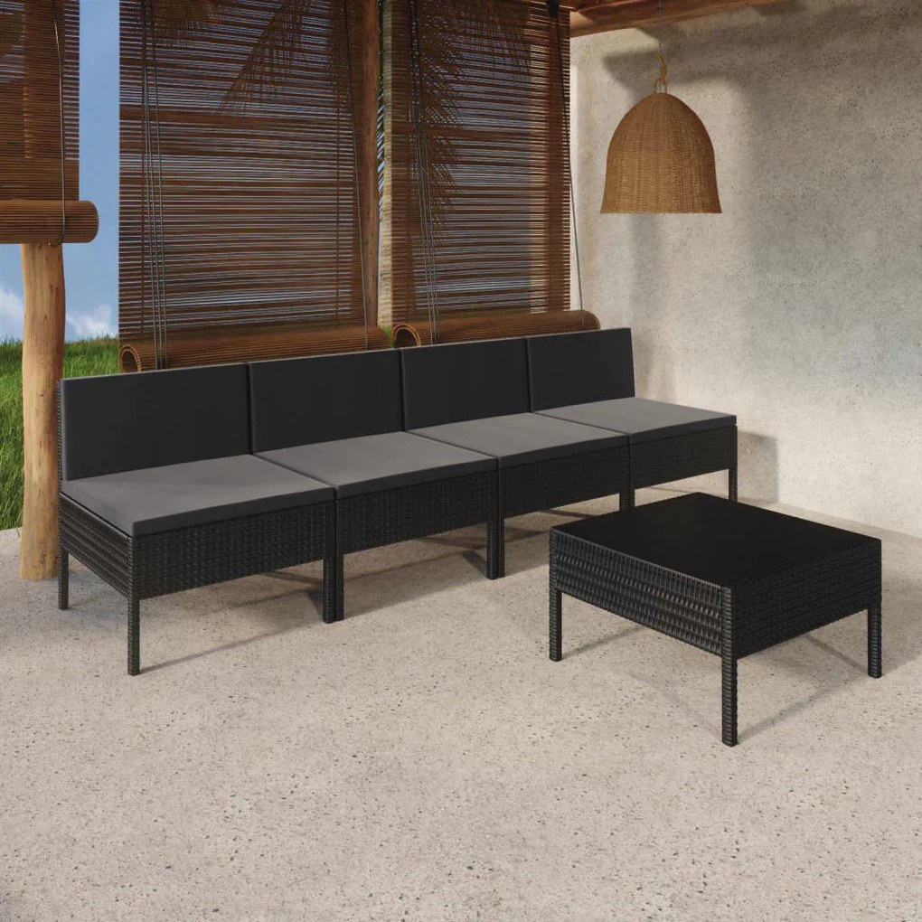 Set divani da giardino 5 pz con cuscini in polyrattan nero