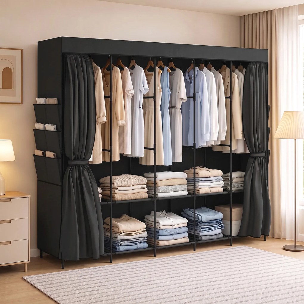 Armadio Salvaspazio 212x45x167 cm con 5 Aste 5 Ripiani 6 Tasche Laterali Ante Antipolvere con Zip in Tessuto Nero...