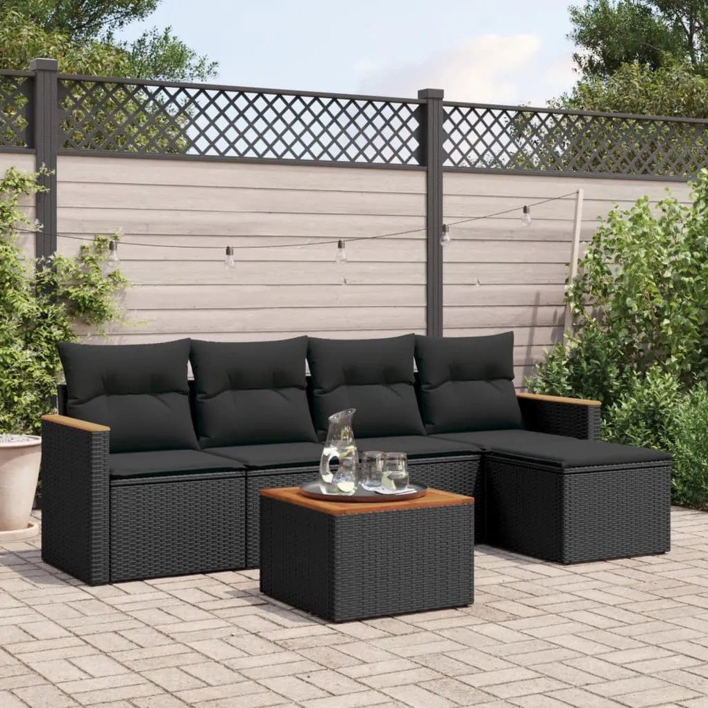 Set divano da giardino 6 pz con cuscini nero in polyrattan