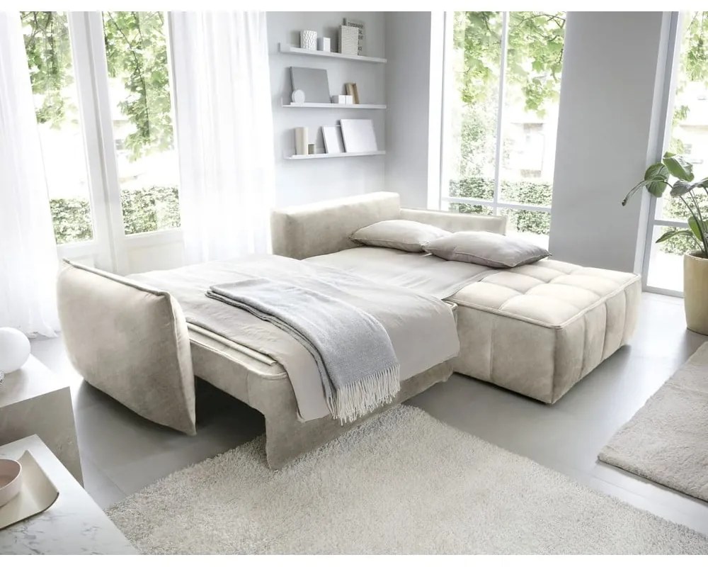 Divano angolare beige allungabile/con contenitore (con penisola a destra/con chaise lounge) e rivestimento in velluto Campo – ELTAP