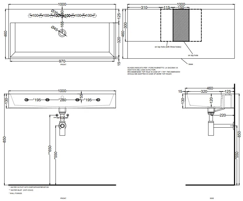 Cielo Smile Lavabo monoforo 100x46 sospeso o da appoggio con troppopieno in ceramica bianco lucido