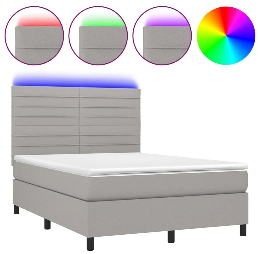 Letto a molle materasso e led grigio chiaro 140x200 cm tessuto