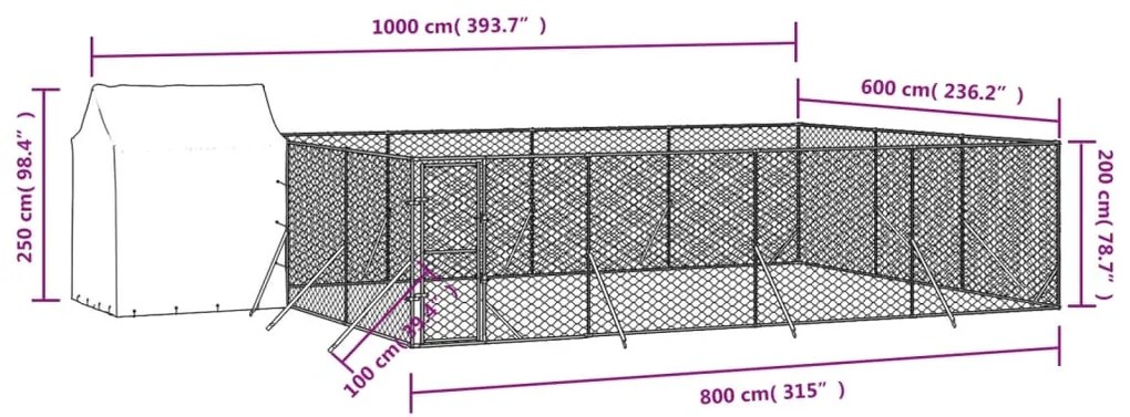 Cuccia cani da esterno tetto argento 6x6x2,5 m acciaio zincato