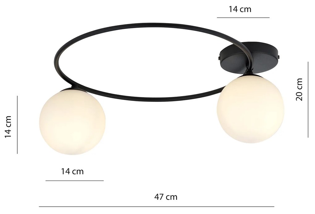 Plafoniera Minimal 2 Luci Perseo In Acciaio Nero E Sfere In Vetro Bianco