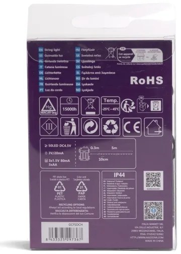 Aigostar - Catena luminosa LED da esterno 50xLED/8 funzioni 3xAA 5,3m IP44 multicolore