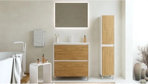 Mobile Bagno Lisbona 2 Cassetti 100 Cm Bianco Lucido Rovere Naturale