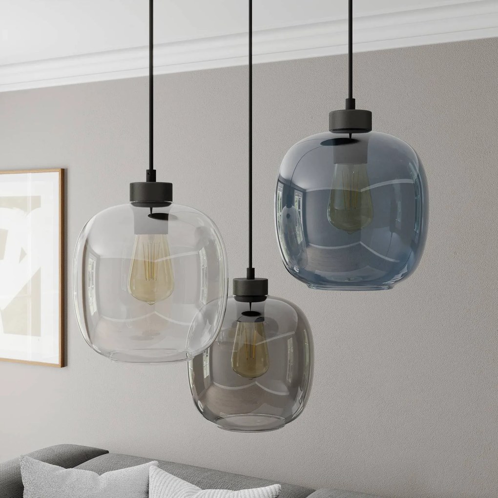 Euluna Sospensione Elio, 3 luci, blu/trasparente/grigio