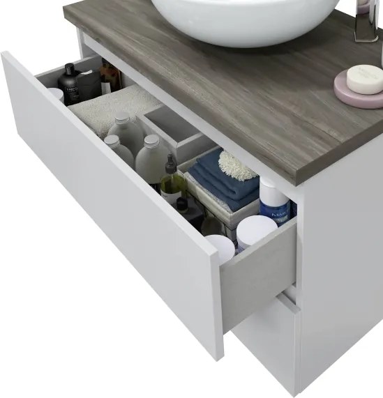 Mobile Da Bagno Sospeso 80 Cm 2 Cassetti Con Lavabo Da Appoggio Tokyo Bianco Lucido