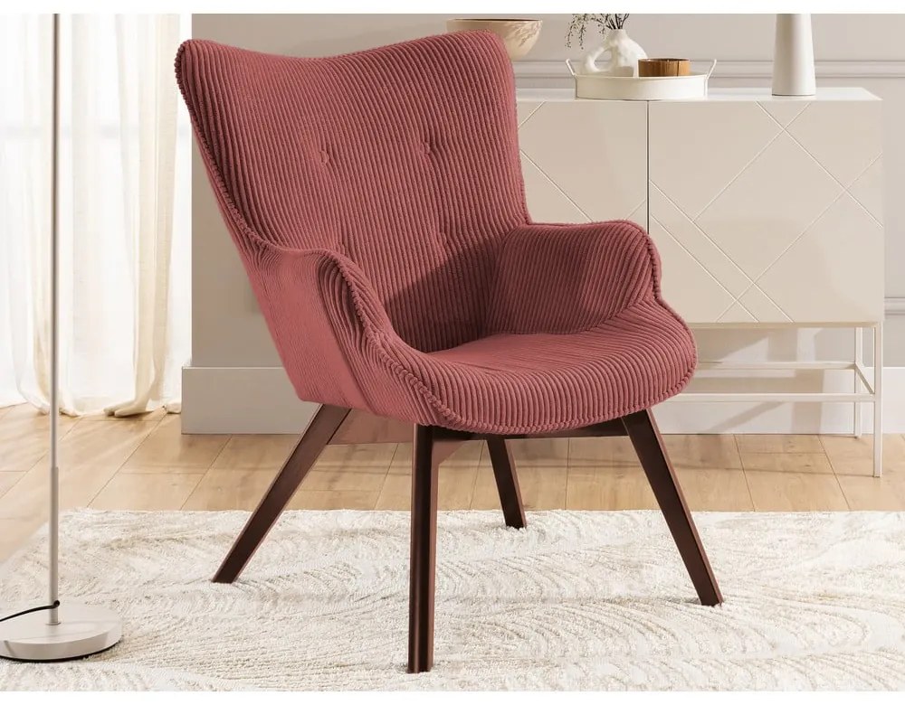 Poltrona con poggiapiedi rossa con rivestimento in velluto a coste Niko – Ropez