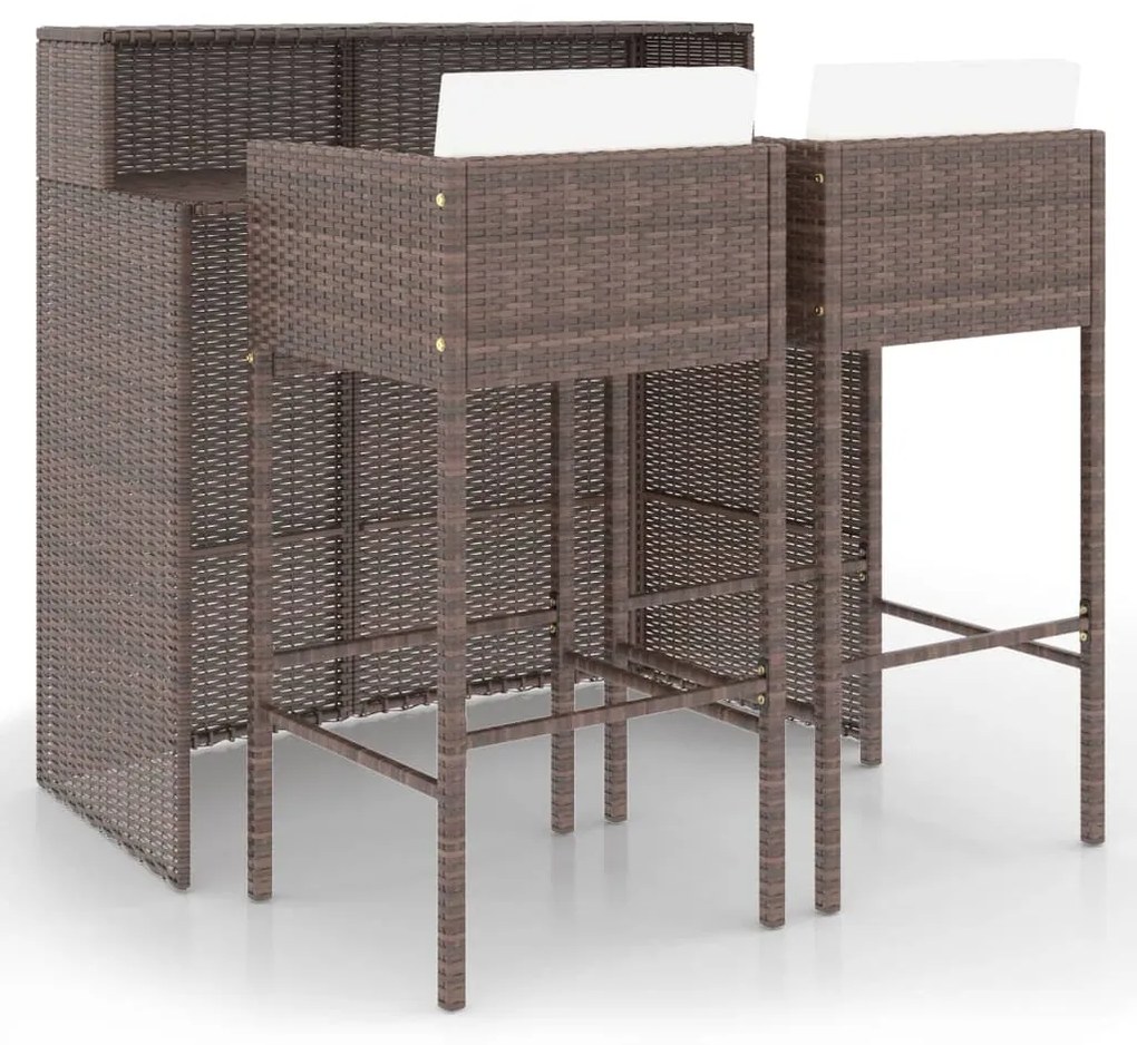 Set bar da giardino 3 pz con cuscini polyrattan marrone