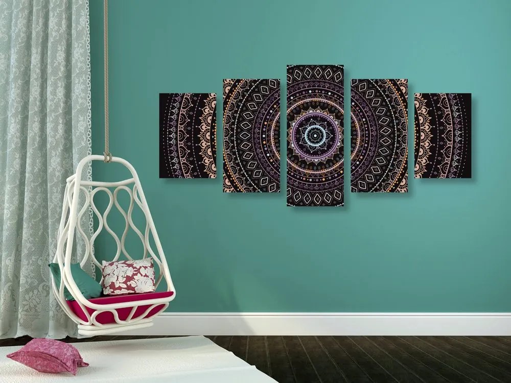 Quadri 5 pezzi – Mandala con motivo del sole in sfumature di viola