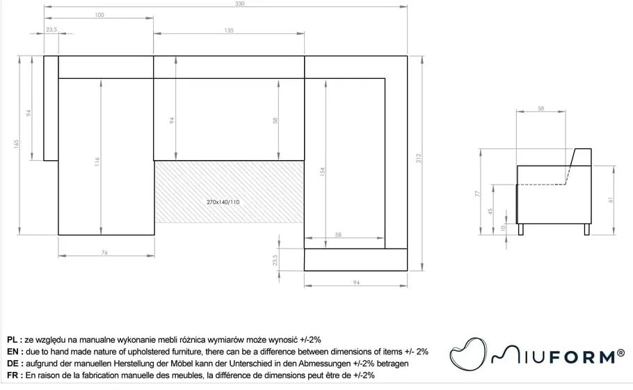Divano angolare grigio allungabile e con contenitore (penisola a destra/a U) Classy Sophie – Miuform