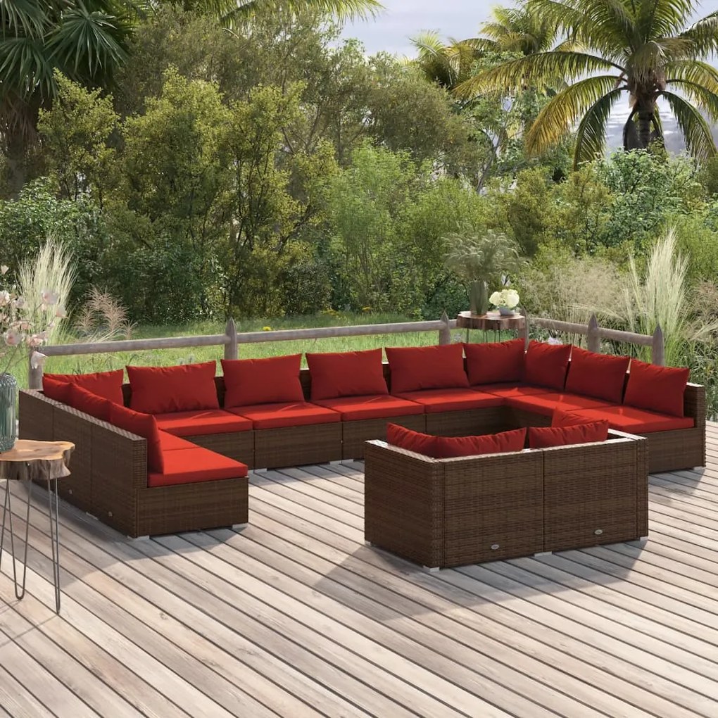 Set Divani da Giardino 12 pz con Cuscini in Polyrattan Marrone