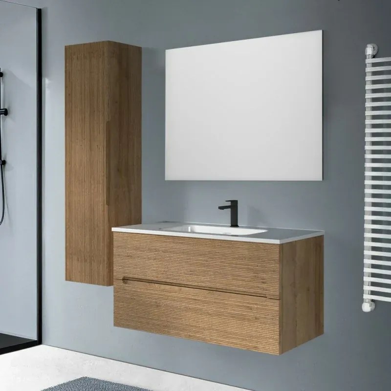 Mobile bagno sospeso 100 rovere cannettato 2 cassetti lavabo e specchio Rigo