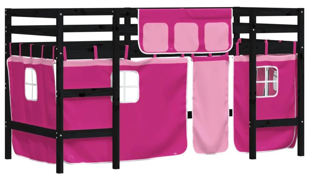 Letto a soppalco con tende bambini rosa 90x190 cm massello pino