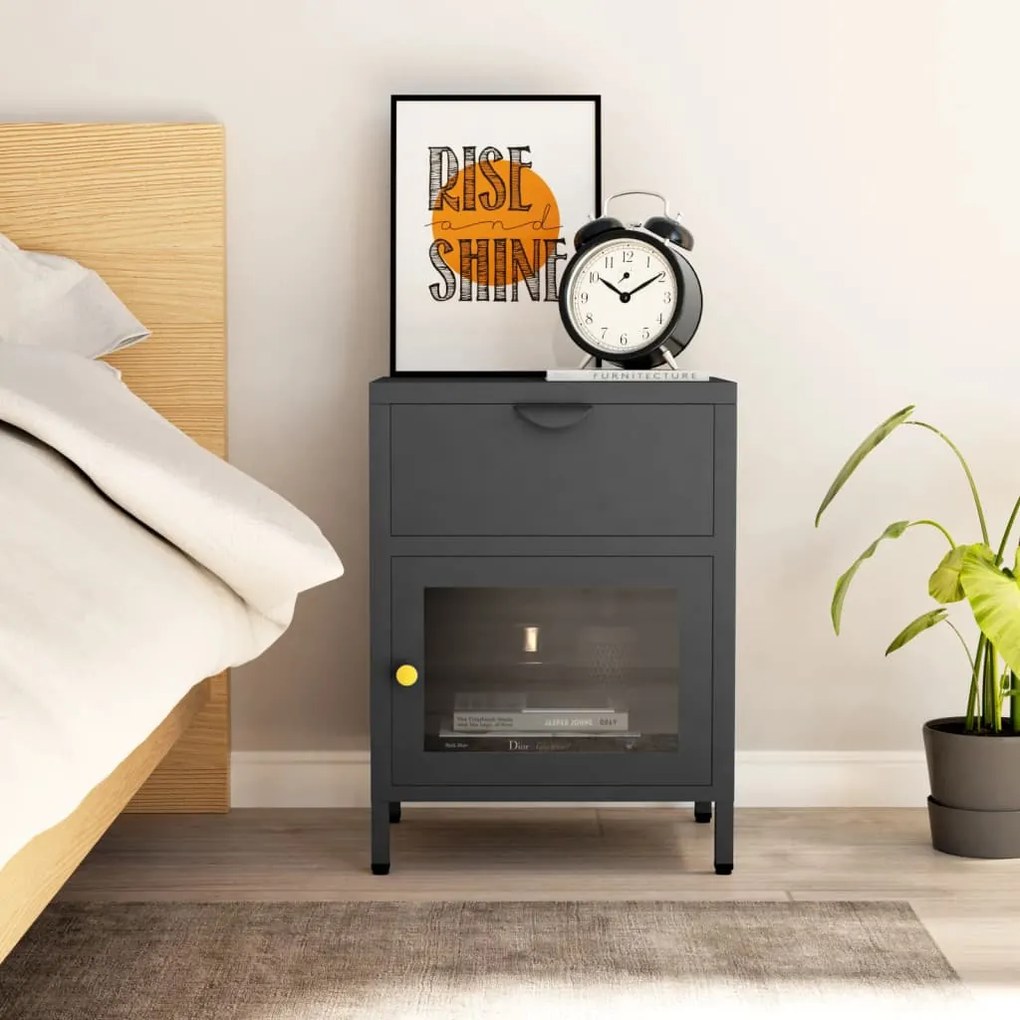 Comodino Antracite 40x30x54,5 Cm İn Acciaio E Vetro /