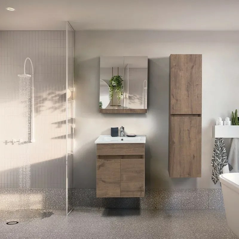 Mobile bagno sospeso 55 cm rovere scuro con specchio contenitore Mona