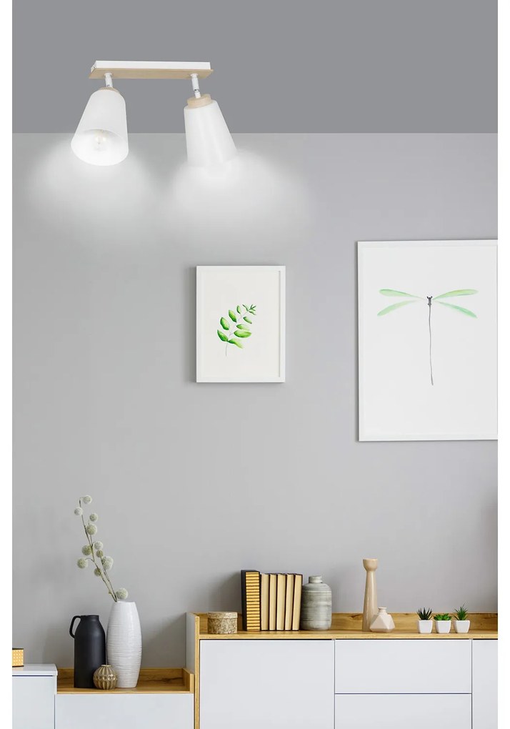 Plafoniera Spot Faretti Orientabili 2 Luci Xiwangmu Acciaio Bianco E Legno Naturale