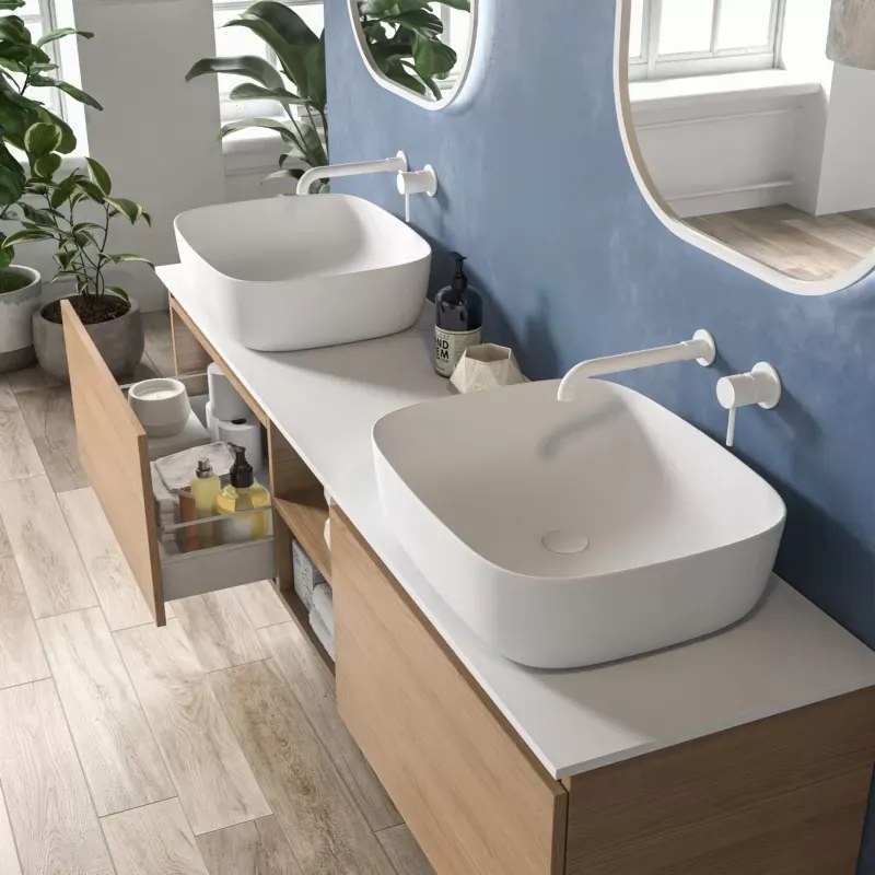 Mobile bagno sospeso 175 cm con piano bianco due cassetti e vano a giorno SP-175SS - KAMALU
