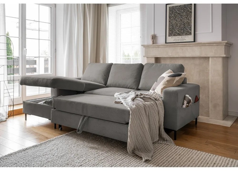 Divano letto in velluto a coste grigio (angolo sinistro) Lofty Lilly - Miuform