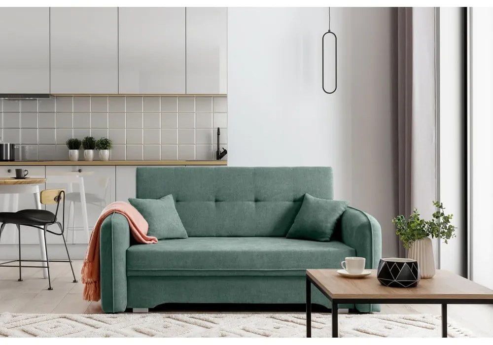 Divano verde allungabile/con contenitore e rivestimento in ciniglia 155 cm Laine – ELTAP